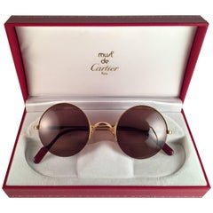 Retro New Cartier Mayfair Round Half Frame Gold 47mm Brown Lens France Sunglasses