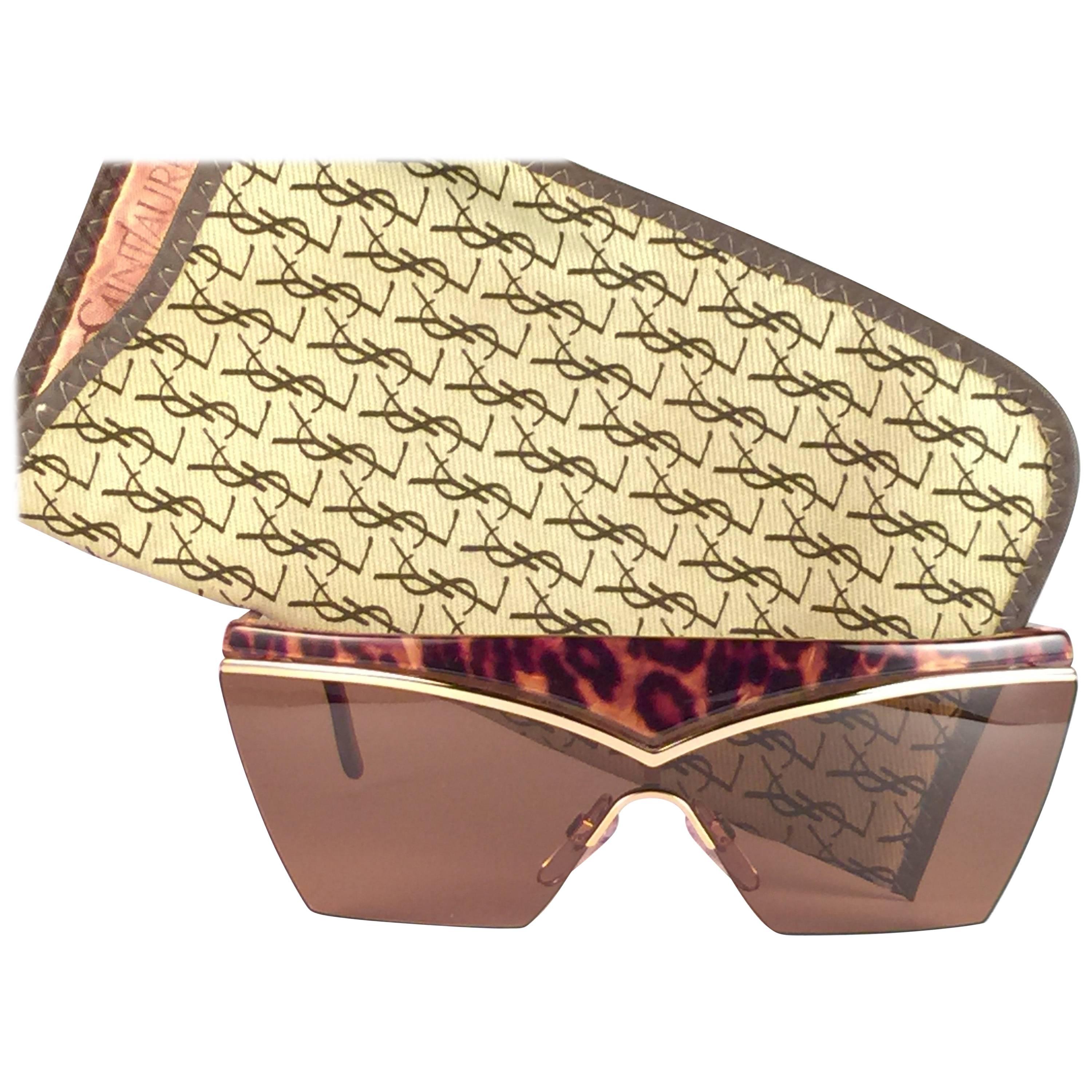 New Vintage Yves Saint Laurent 6506 Tortoise & Gold Mask Shield 1980 Sunglasses