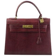 1960's Hermes Kelly 28 in Burgundy Lizard with Gold Hardware