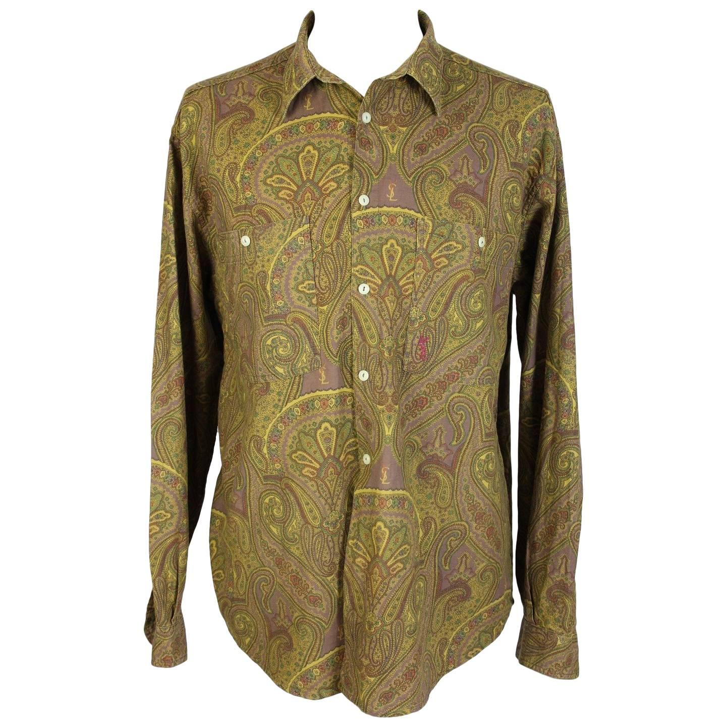 1980s Yves Saint Laurent Brown Cotton Red Paisley Shirt