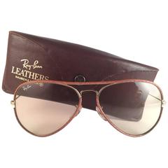 New Vintage Ray Ban Leathers Aviator Perforated Beige Leather 58' B&L Sunglasses