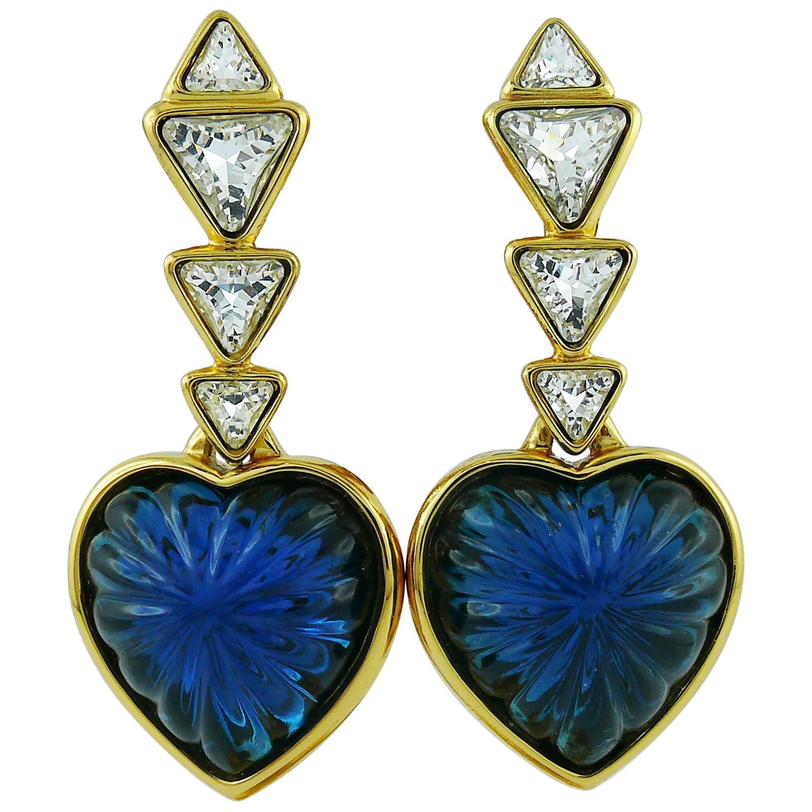 Yves Saint Laurent YSL Vintage Massive Faux Sapphire Heart Dangling Earrings