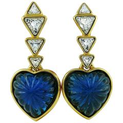 Yves Saint Laurent YSL Vintage Massive Faux Sapphire Heart Dangling Earrings