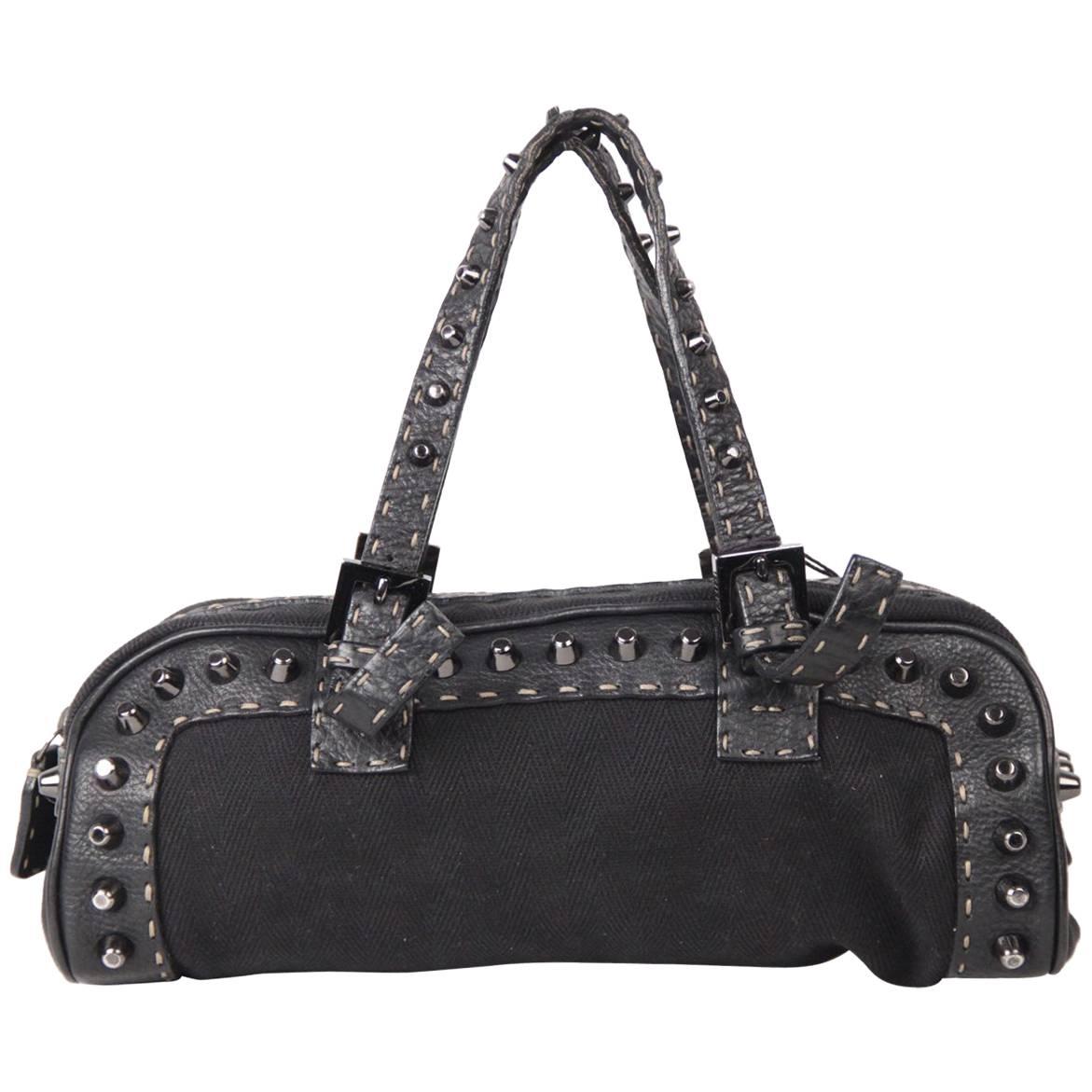 FENDI SELLERIA Black Canvas & Leather BASSOTTO BAG w/ Studs