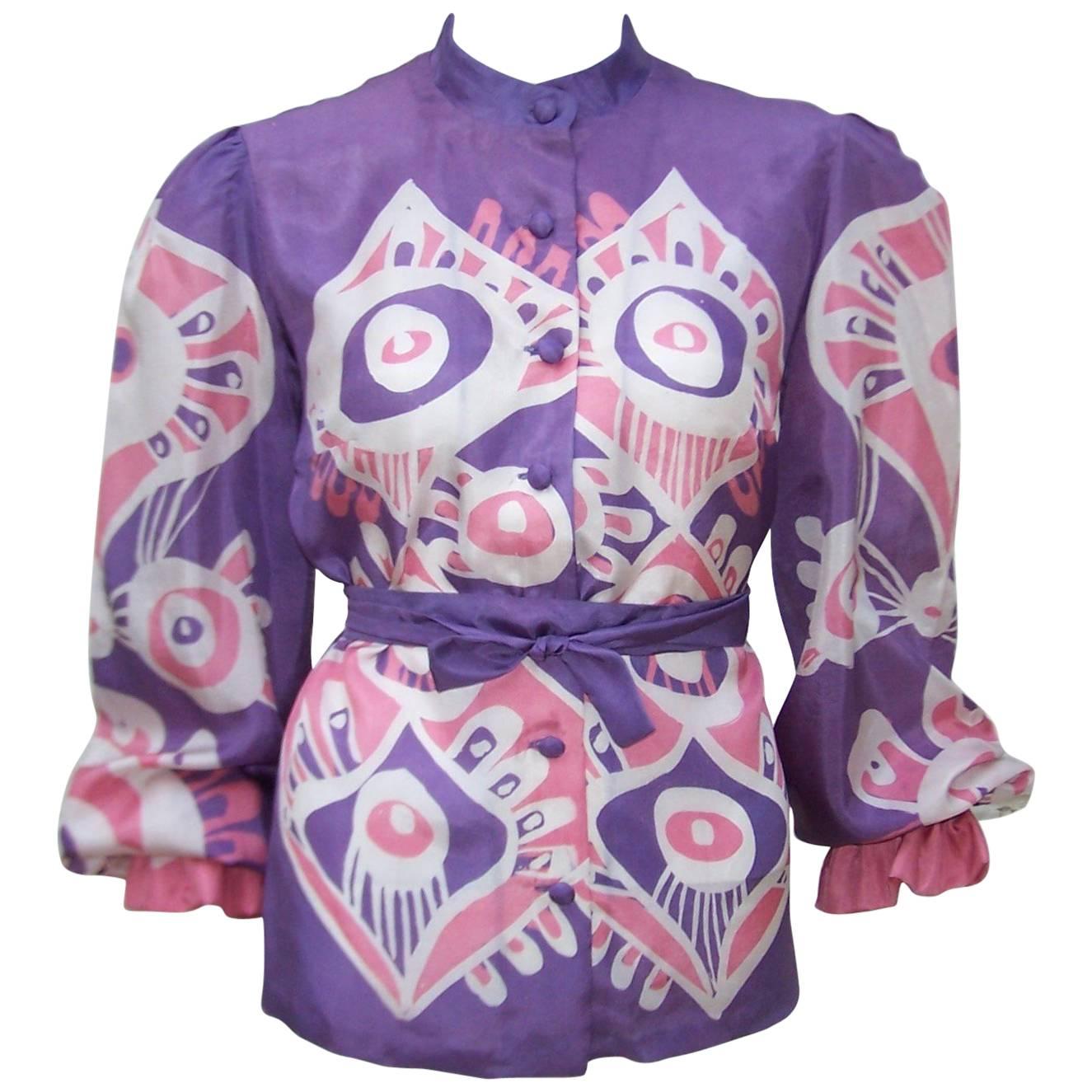 Mod C.1970 Hand Printed Purple & Pink Silk Blouse