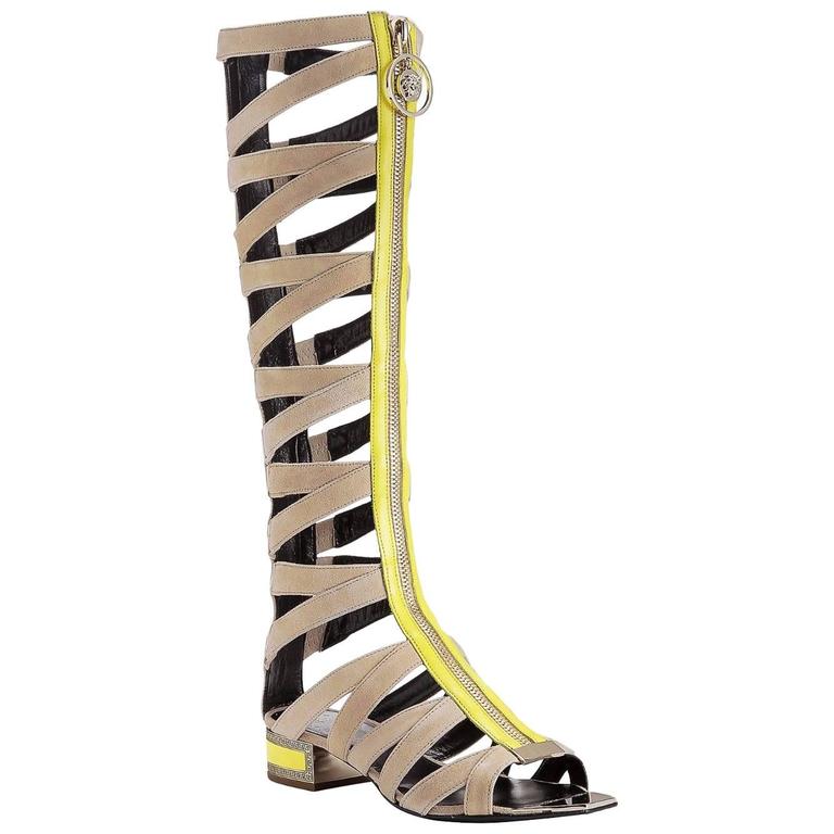New VERSACE Tan Suede Knee Sandal Gladiator Boots For Sale at 1stdibs