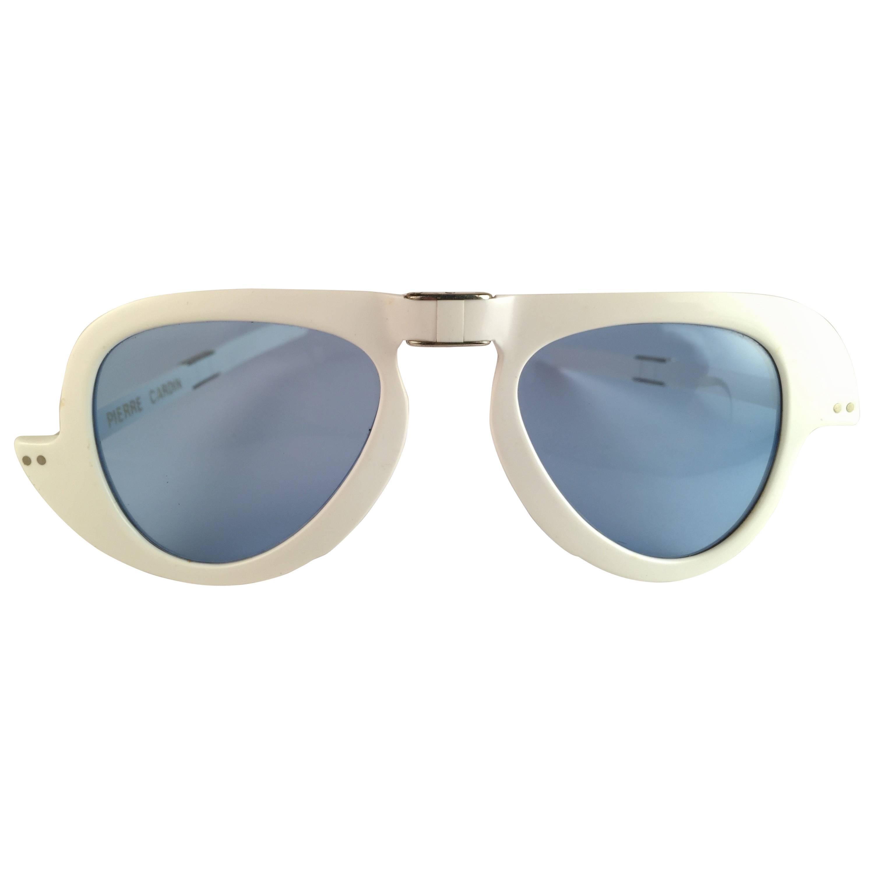 New Vintage Pierre Cardin White Foldable Blue Lens 1960's sunglasses For Sale