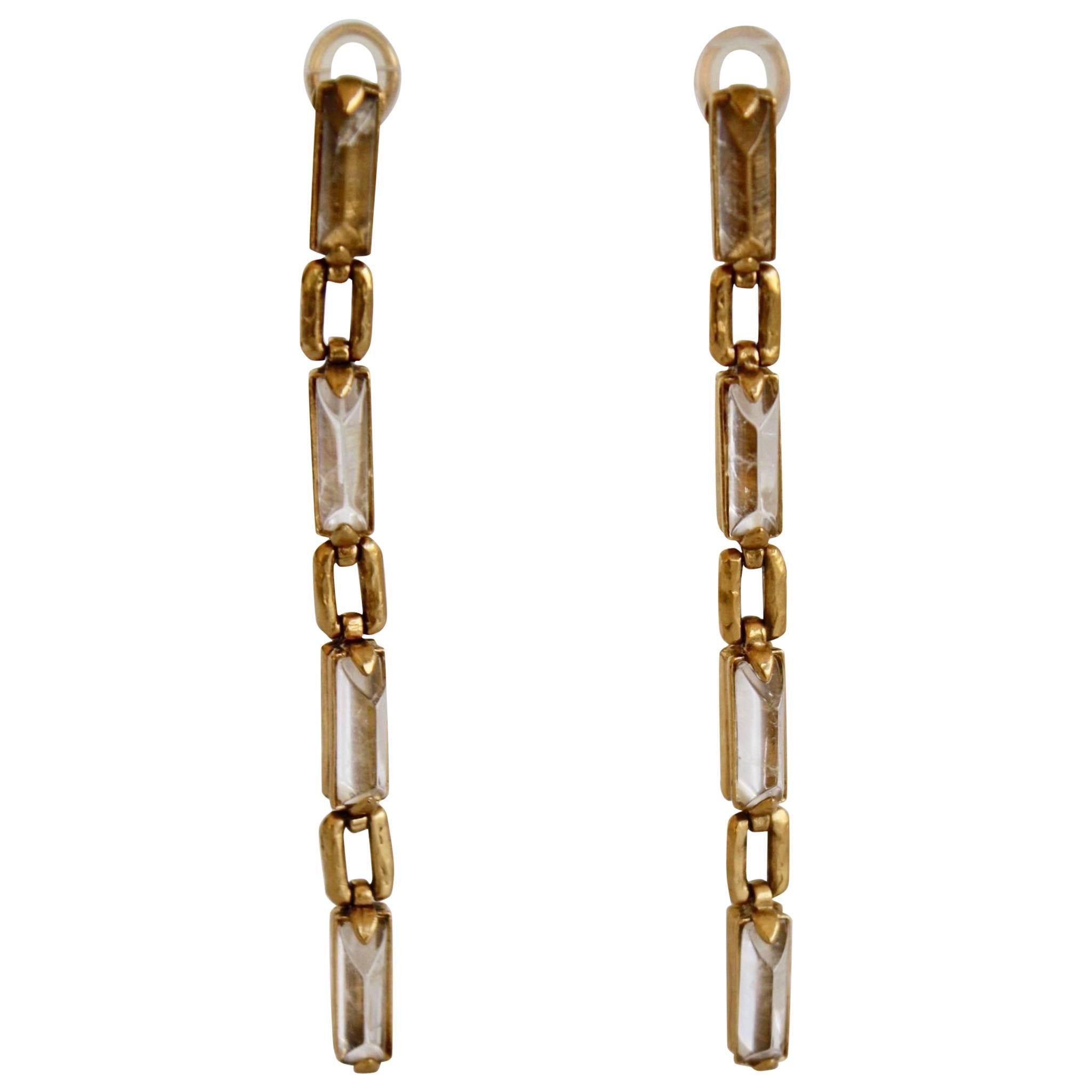 Goossens Paris Long Rock Crystal and Gold Link Clip Earrings