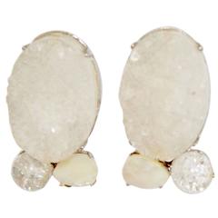 Vintage Siman Tu Druzy, Quartz, and Mother of Pearl Clip Earrings