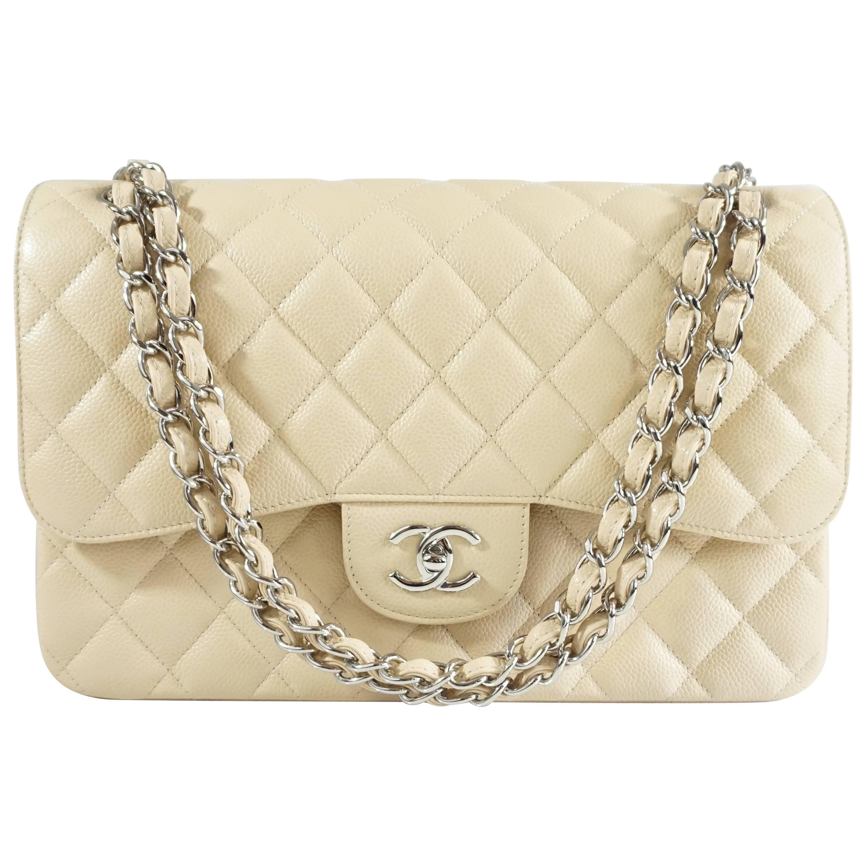 Chanel Beige Caviar Jumbo Classic Double Flap Handbag - 2015