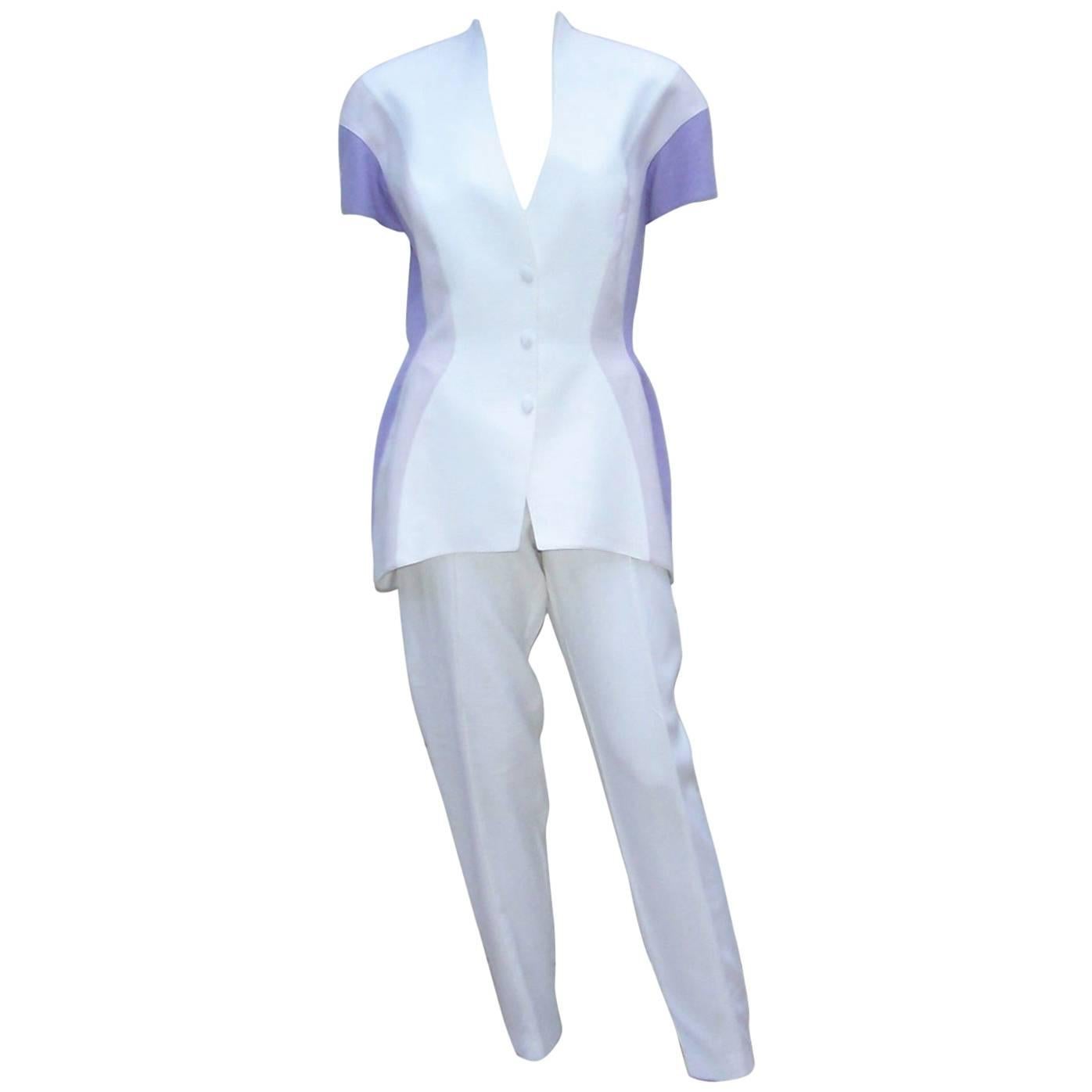Futuristic 1980's Thierry Mugler White & Purple Linen Pant Suit