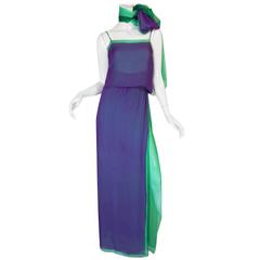 1970s Pauline Trigere Purple & Green Silk Chiffon Set 1