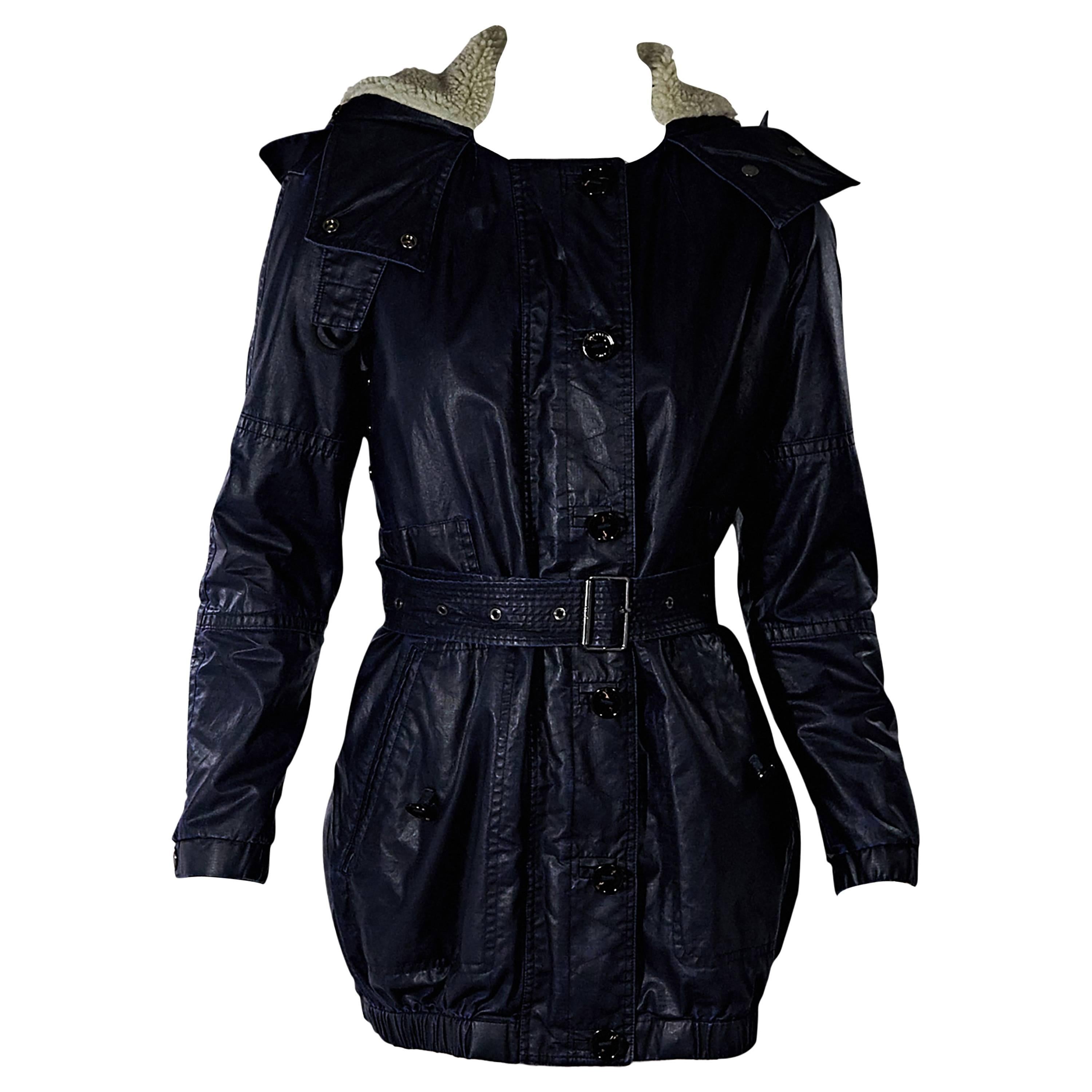Navy Blue Burberry Brit Coated Hooded Jacket