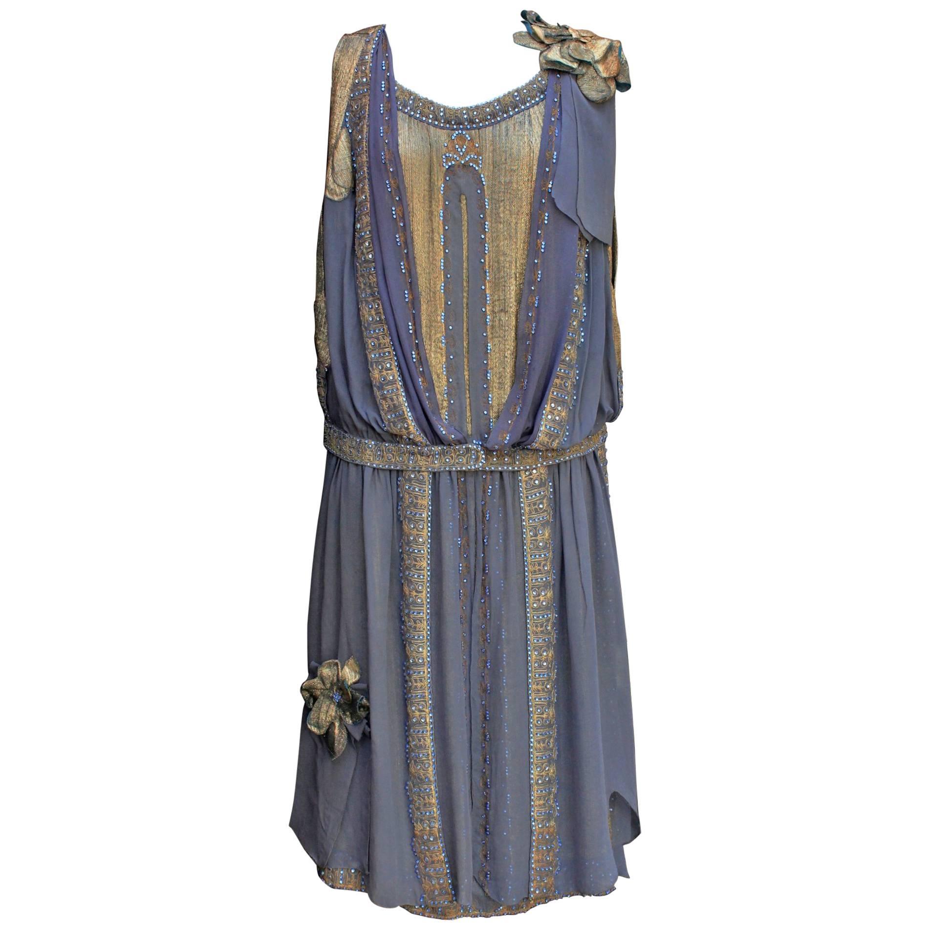 1920s Night Blue and Goldtone Lame Dress For Sale