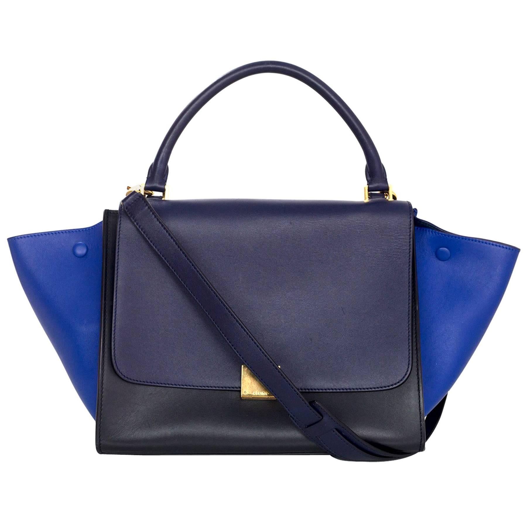 Celine Blue/Black/Navy Tri-Color Leather Medium Trapeze Bag w/ Strap