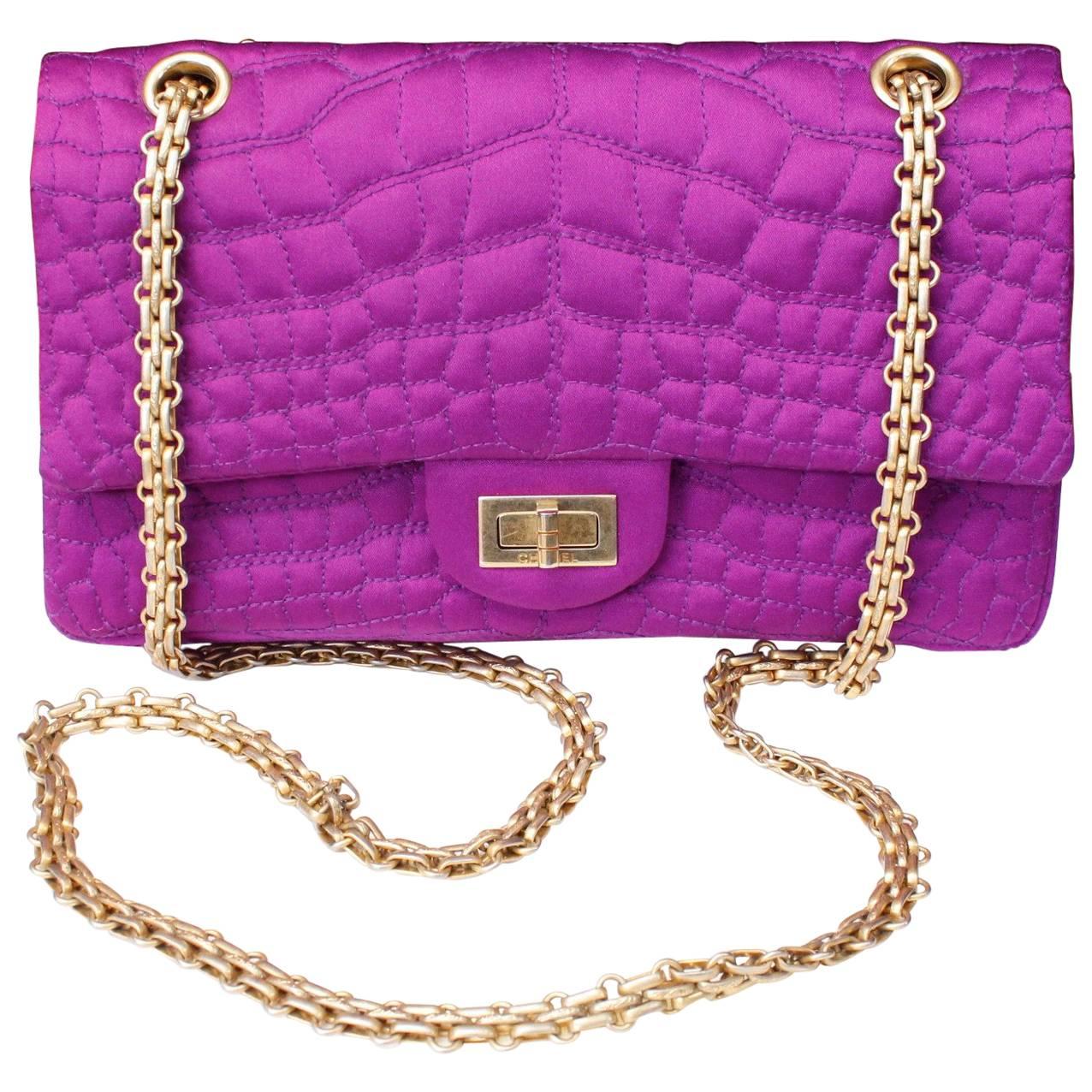 Chanel 2-55 Purple Satin Shoulder Bag with Crocodile Pattern, 2000s  For Sale