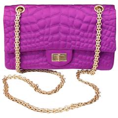 Chanel 2-55 Purple Satin Shoulder Bag with Crocodile Pattern, 2000s