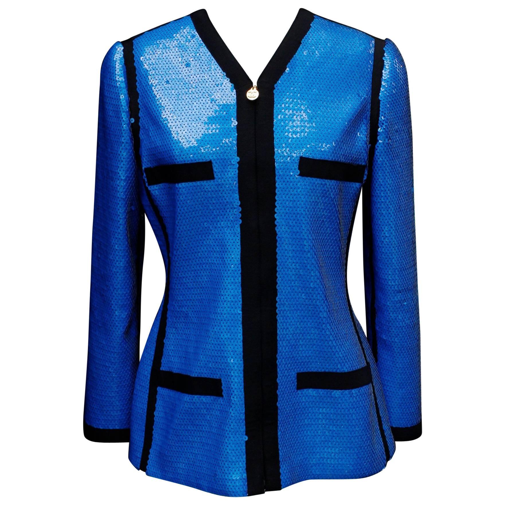 1991 Chanel Blue Sequins Jacket For Sale