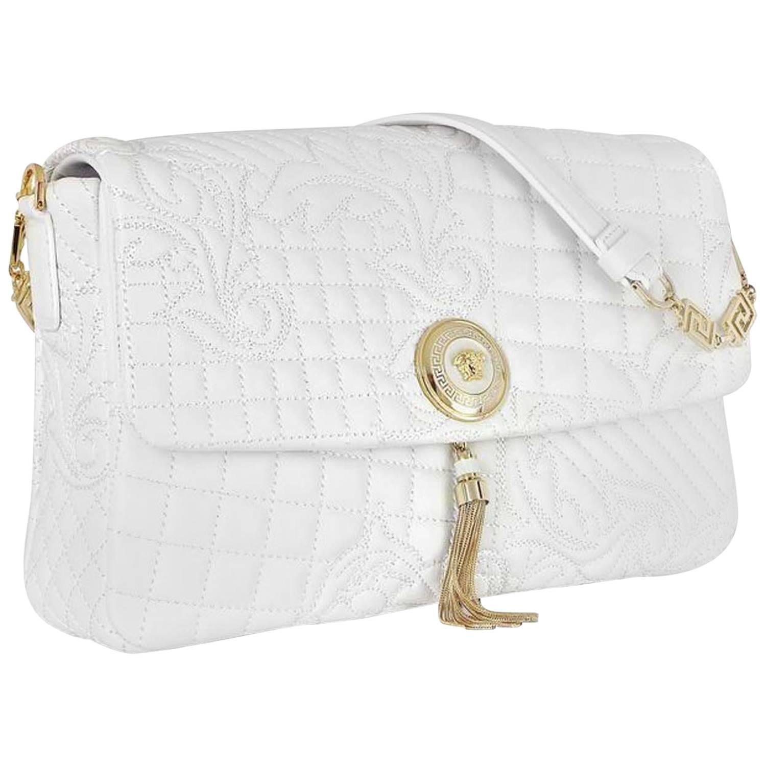 New Versace White Vanitas Barocco Quilted Nappa Leather Handbag with Gold Medusa