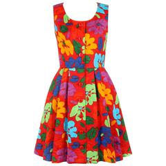 OSCAR DE LA RENTA c.1990's Red Multicolor Floral Print Button Front Day Dress 1