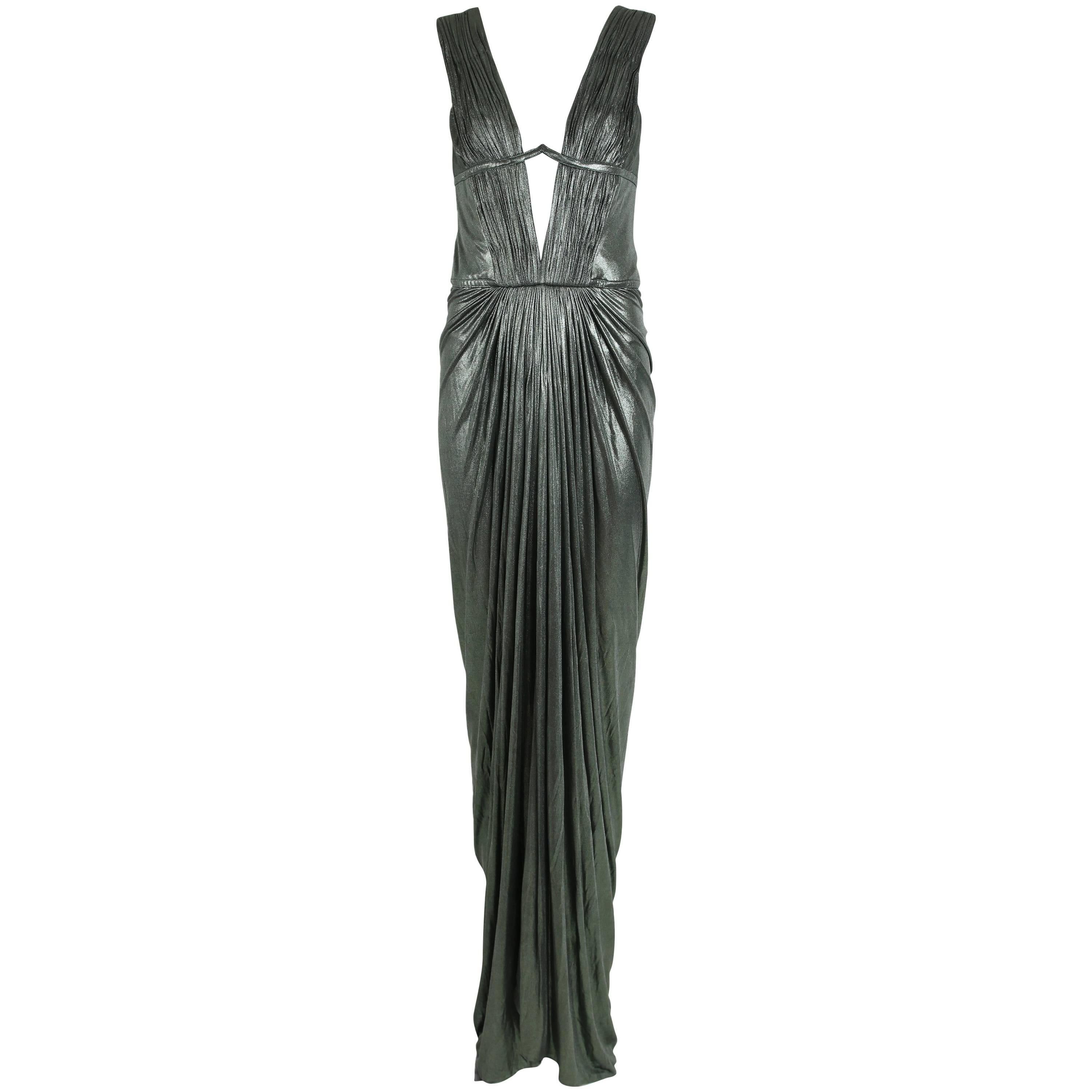 Roberto Cavalli Green Metallic Trained Stretch Evening Gown w/Plunge Neckline