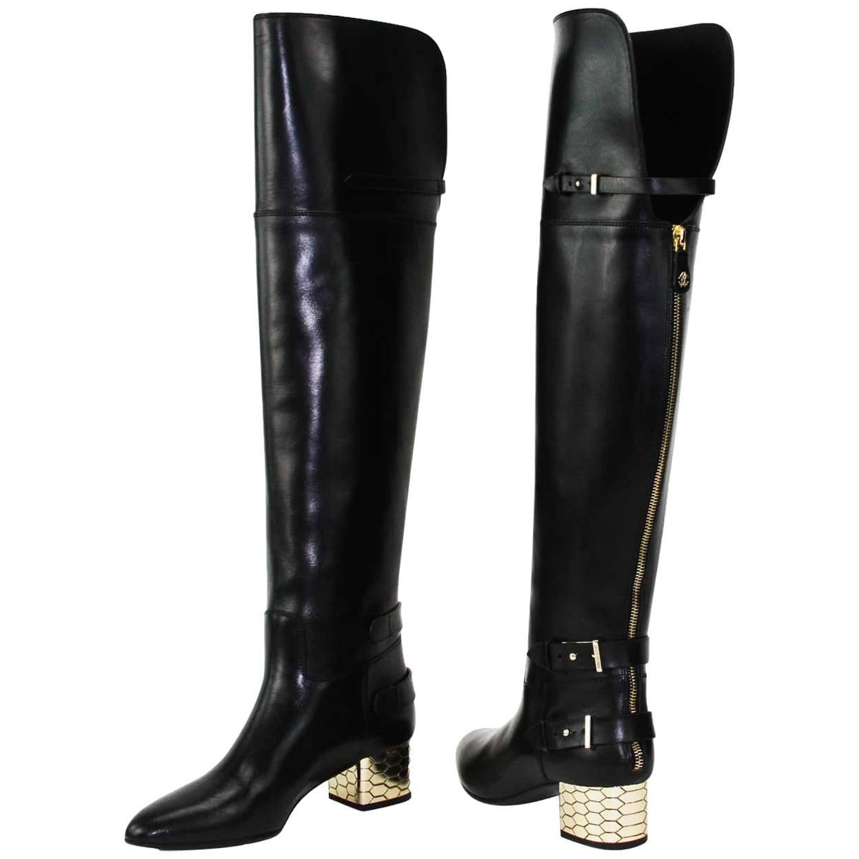 New Roberto Cavalli Over-the-knee Leather Boots Honeycomb Pattern Heel 36.5  6.5