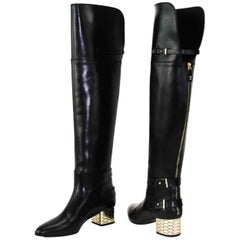 New Roberto Cavalli Over-the-knee Leather Boots Honeycomb Pattern Heel 36.5  6.5