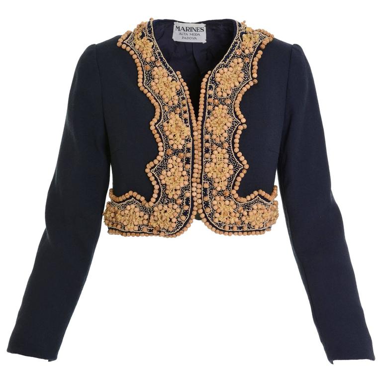 1960s Italian Couture Blue Bolero Jacket with Wooden Embroidery at 1stDibs