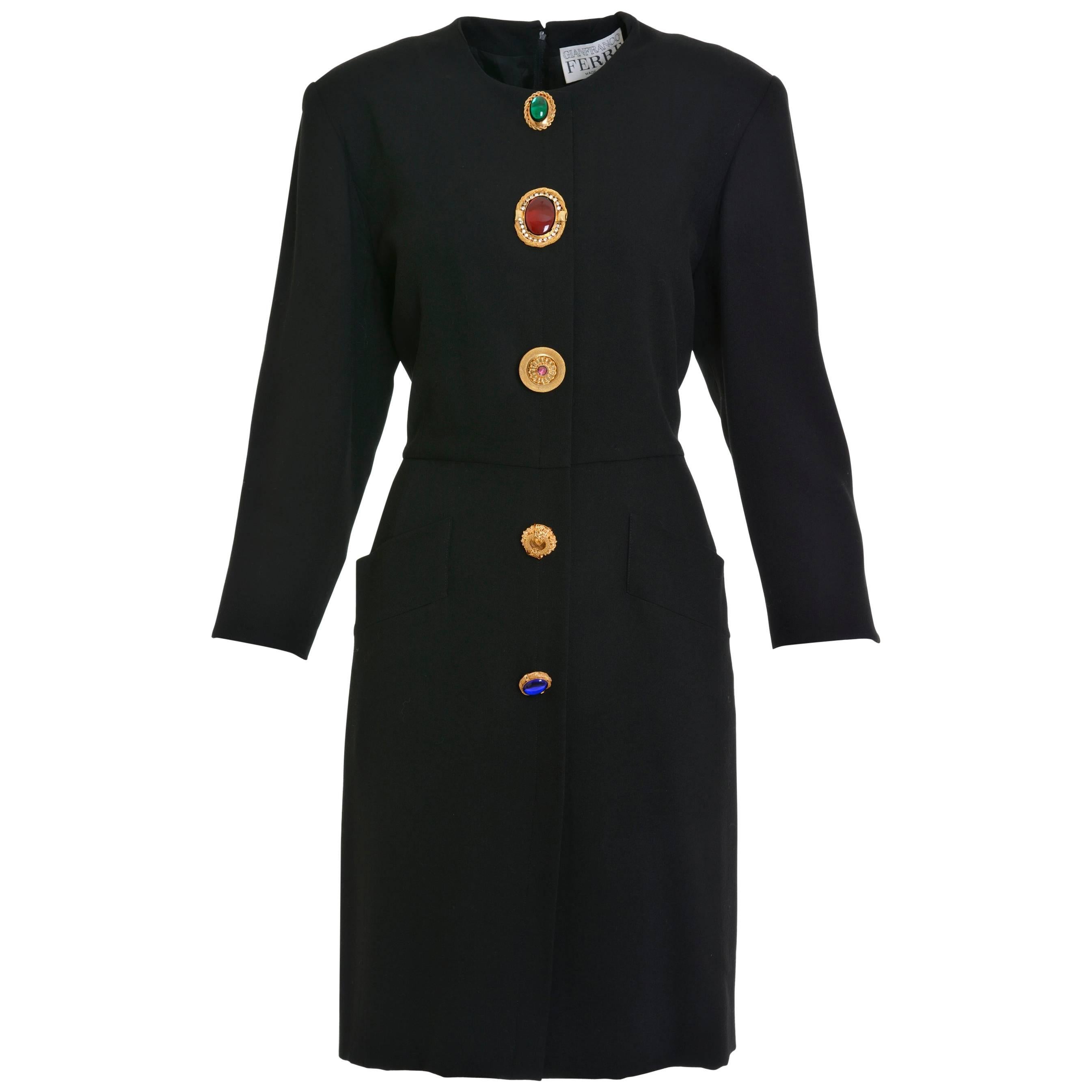 1990s Gianfranco Ferrè Black Wool Decorative Buttons Dress For Sale