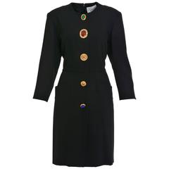 1990s Gianfranco Ferrè Black Wool Decorative Buttons Dress