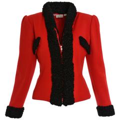 1980s VALENTINO Boutique Red and Black Lamb Fur Jacket
