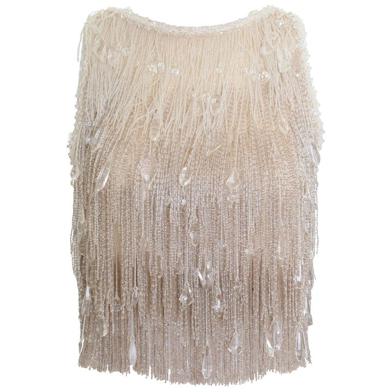 1920s Antique Cream Shades Beadeds Fringe Top Blouse For Sale at ...