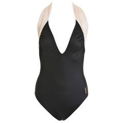 Vintage 1980s Yves Saint Laurent Black and White One Piece Swimsuit