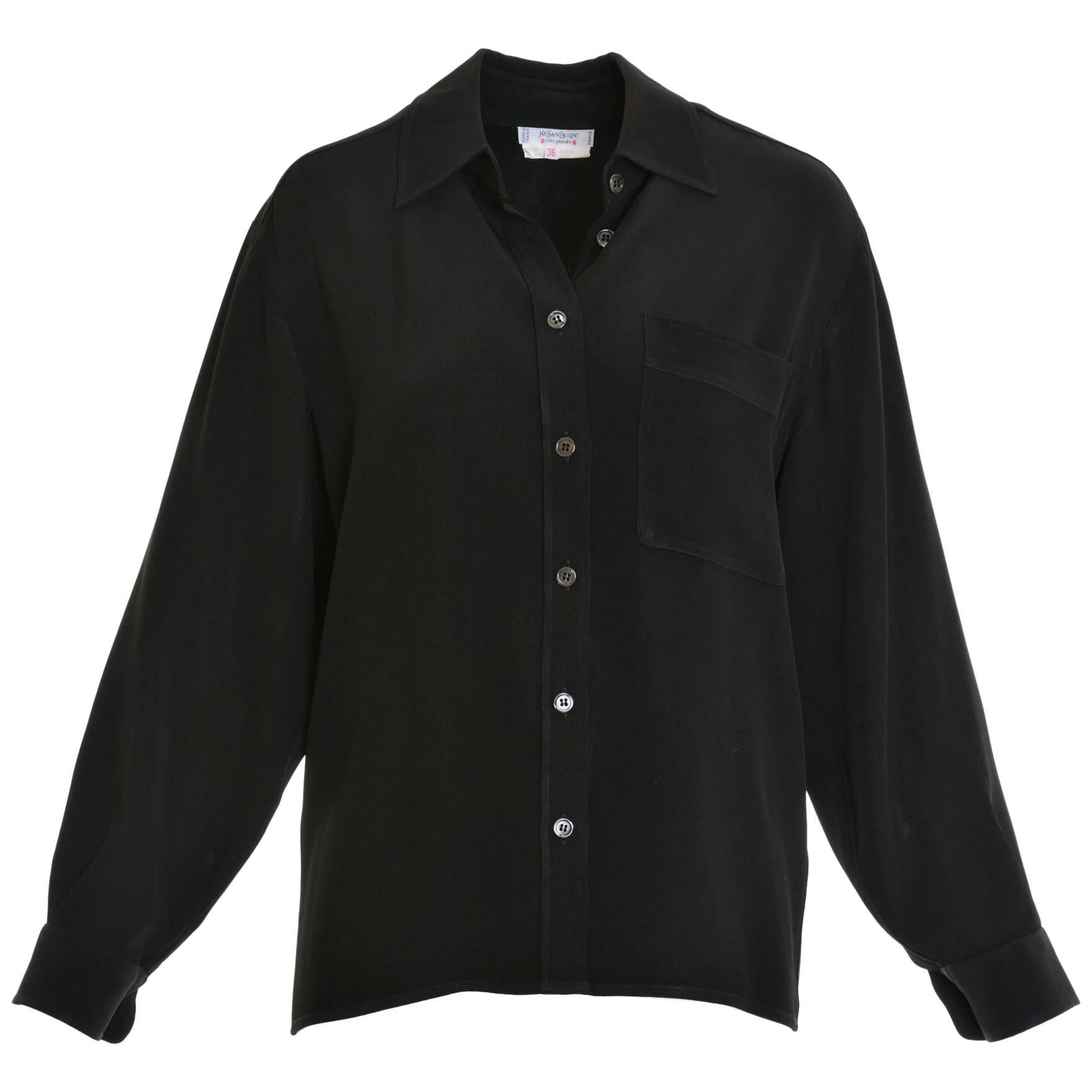 1980s SAINT LAURENT Rive Gauche Black Silk Blouse Shirt For Sale