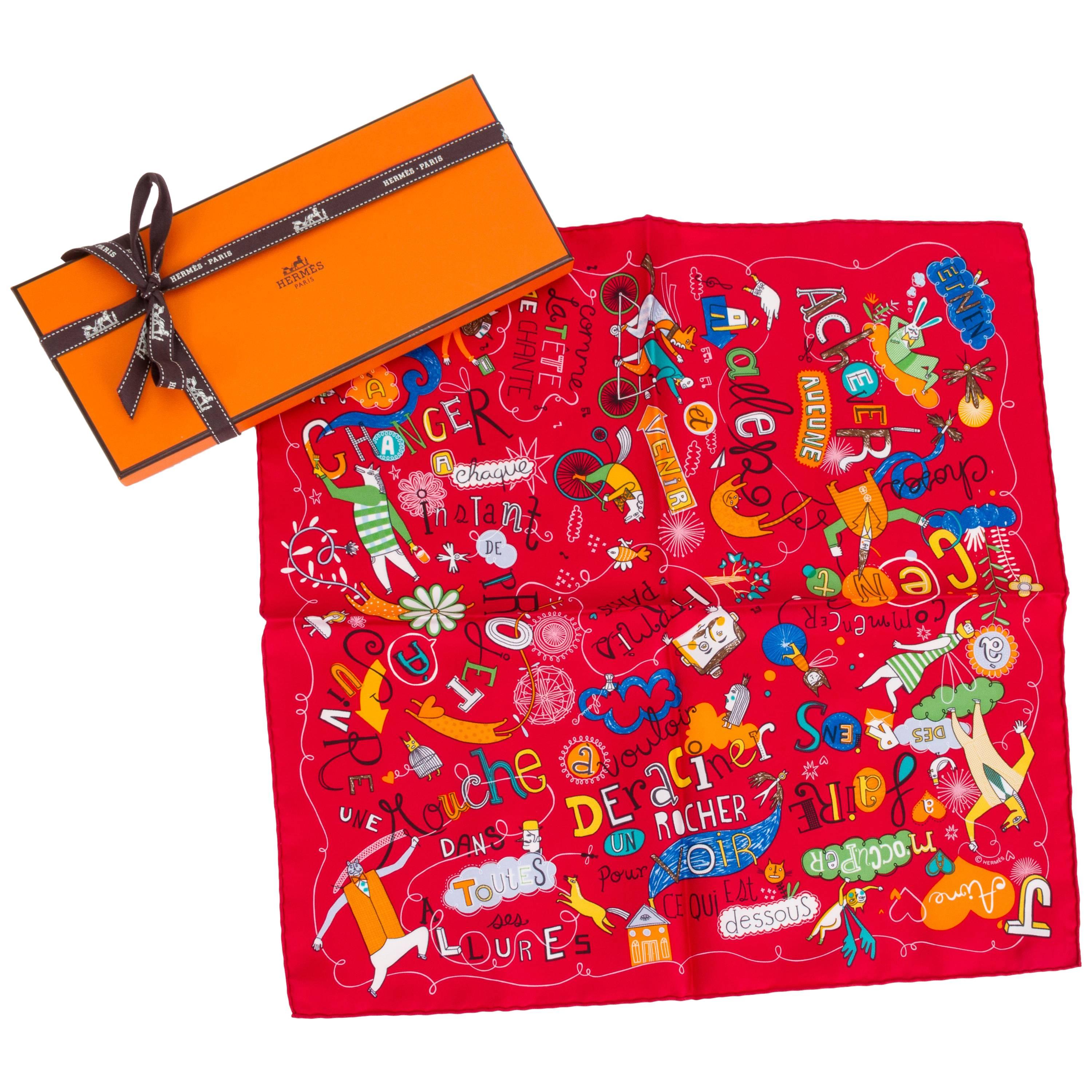 Hermes Red Silk Les Confessions Pocket Scarf in Box