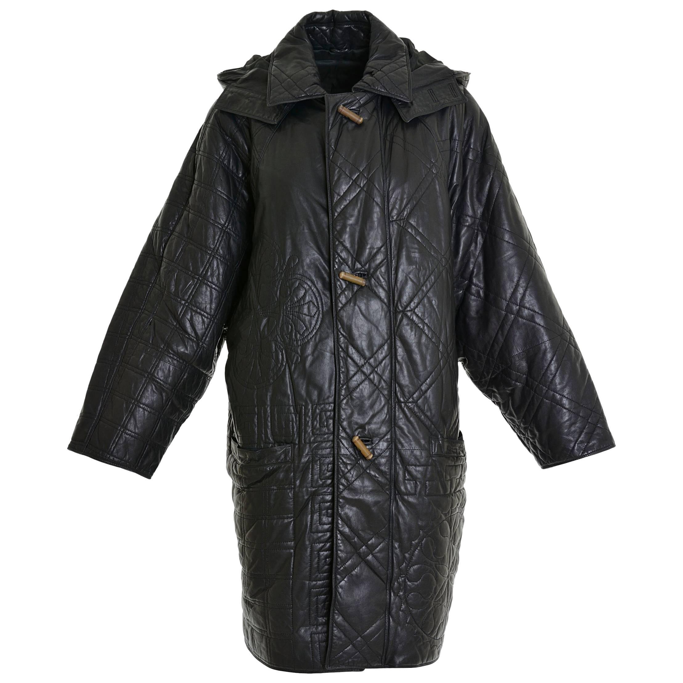 1980s GIANNI VERSACE Long Leather Hooded Jacket For Sale