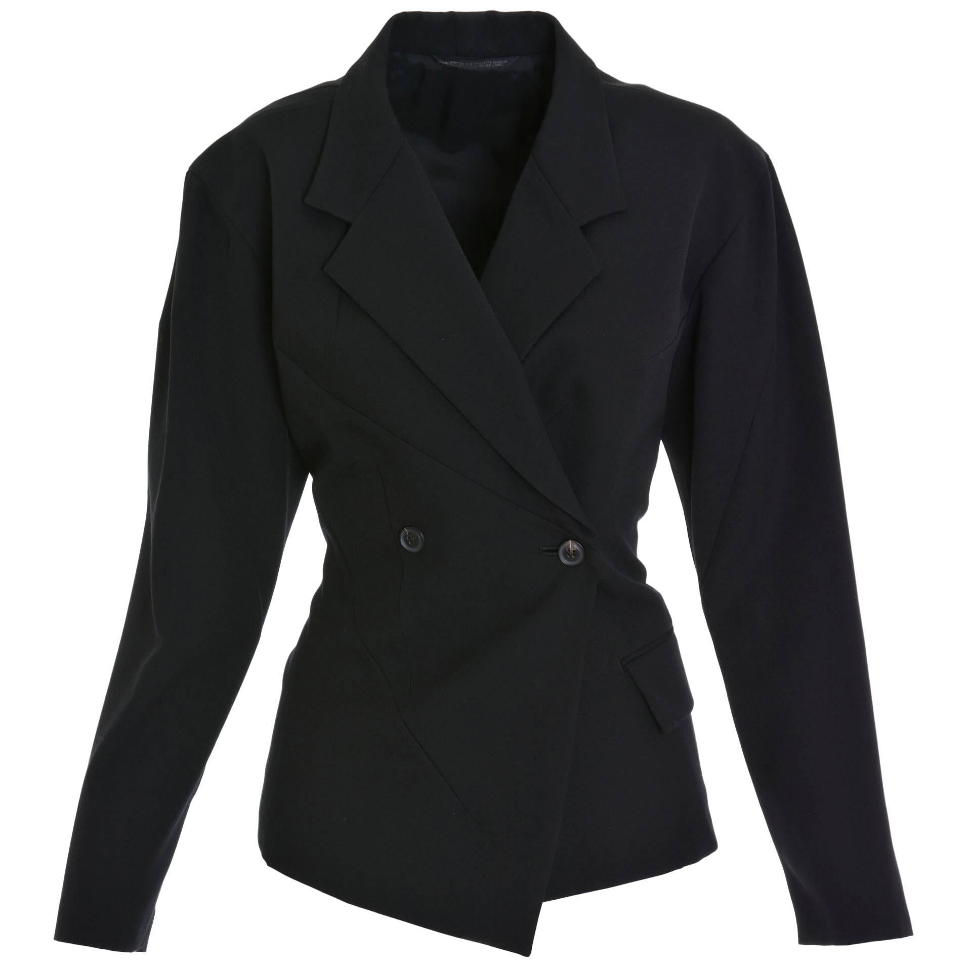 YOHJI YAMAMOTO Black Asymmetric Gabardine Blazer Jacket For Sale