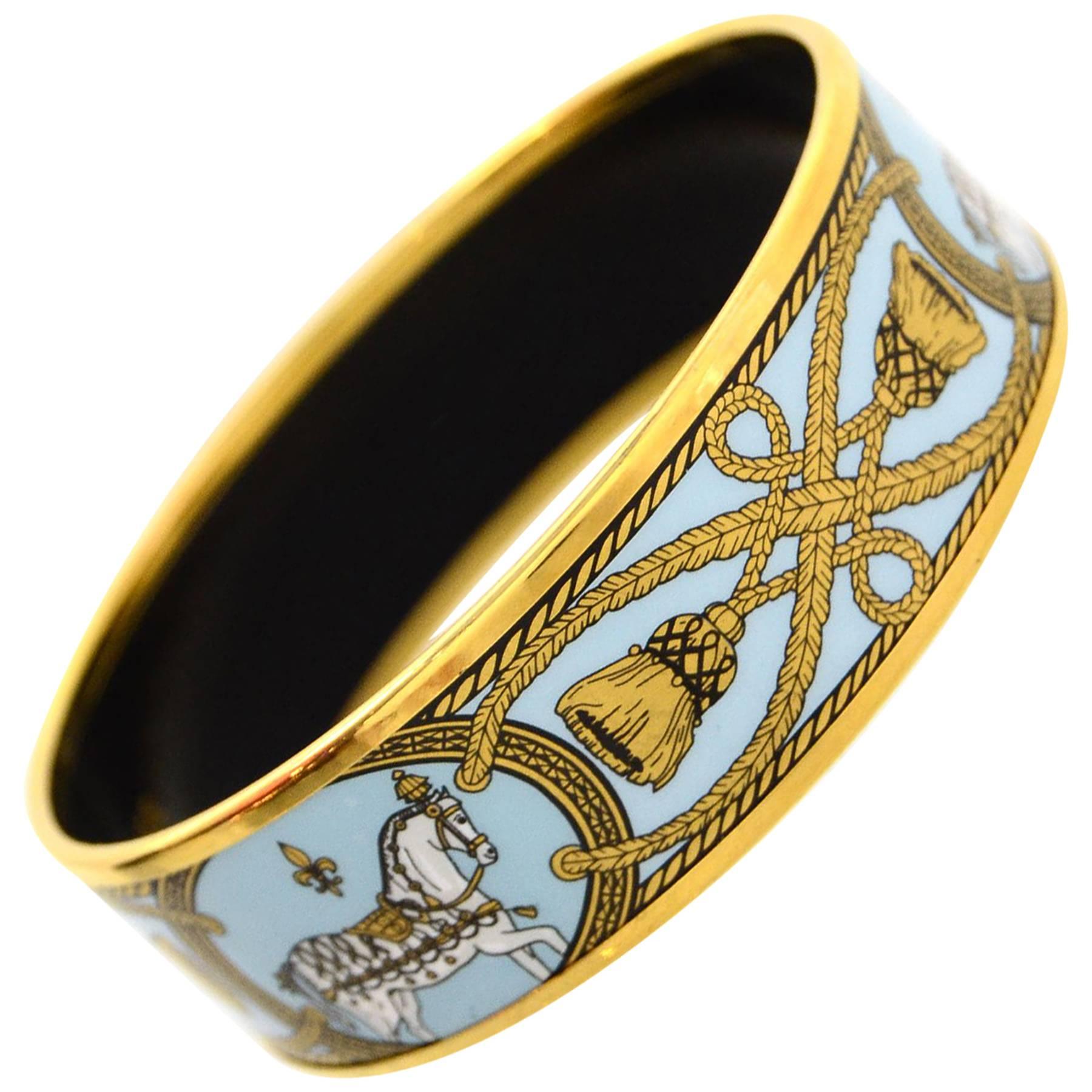 Hermes Blue and Gold Cloisonne Horse & Tassel Wide Enamel Bangle Bracelet sz 65