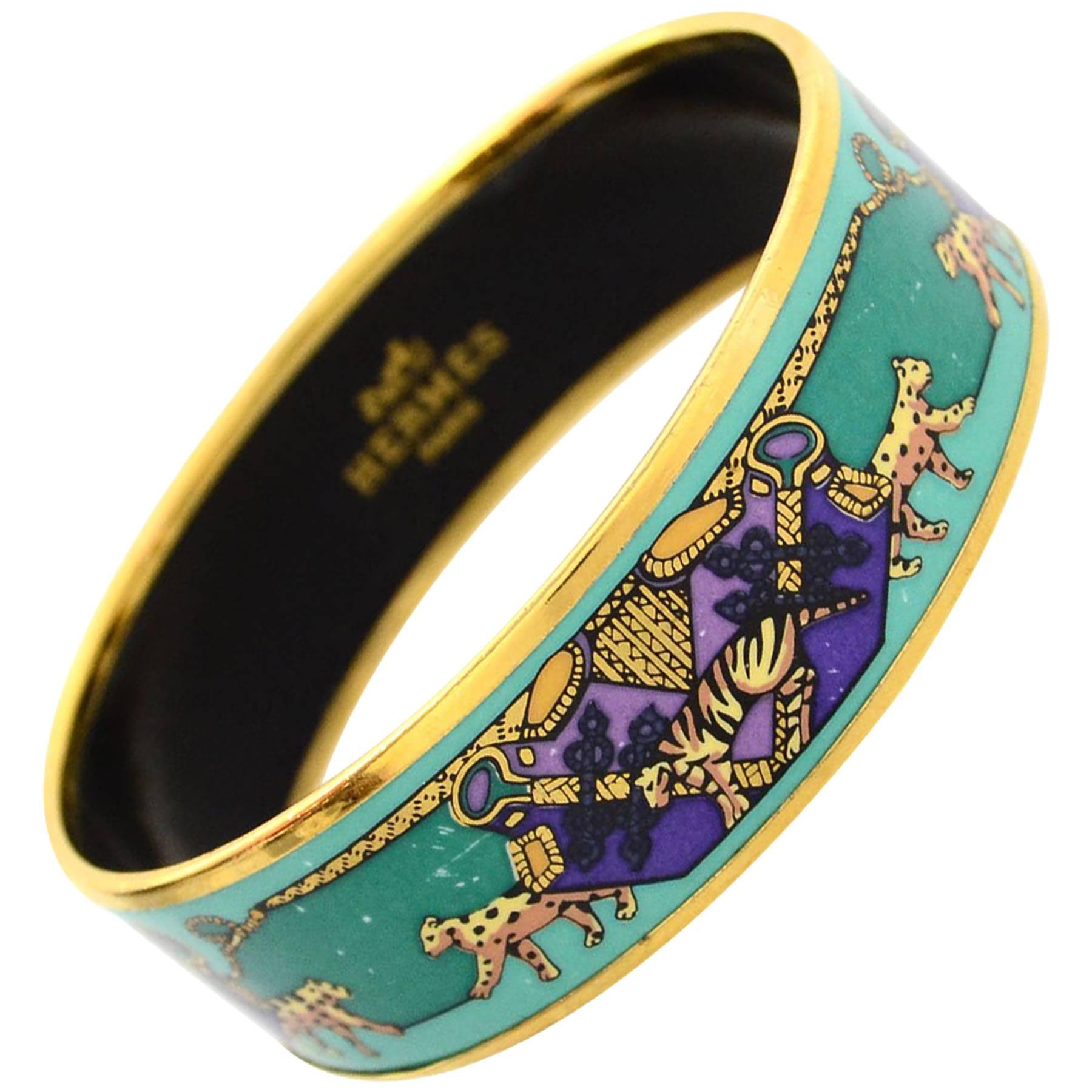  Hermes Turquoise and Purple Wild Cat Print Wide Enamel Bangle Bracelet Sz 70