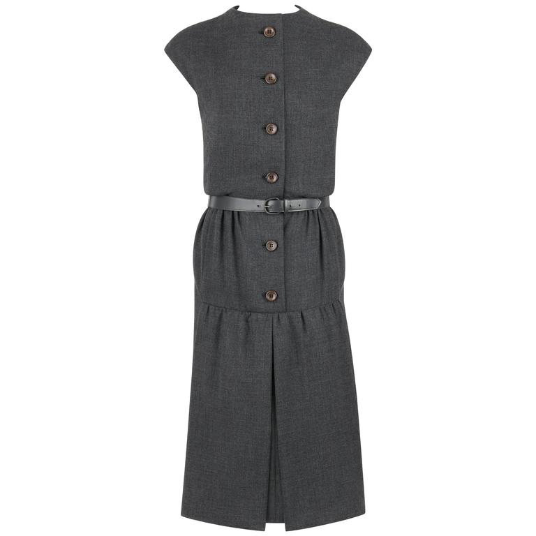 GEOFFREY BEENE c.1960's Gray Wool Button Front Belted Shift Dress For