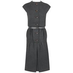 GEOFFREY BEENE c.1960's Gray Wool Button Front Belted Shift Dress