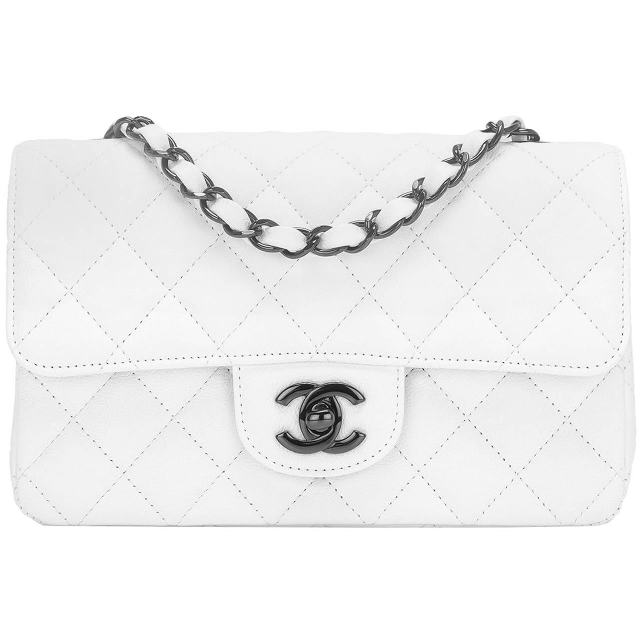 Chanel White Crumpled Calfskin Rectangular Mini Classic Flap Bag Black Hardware
