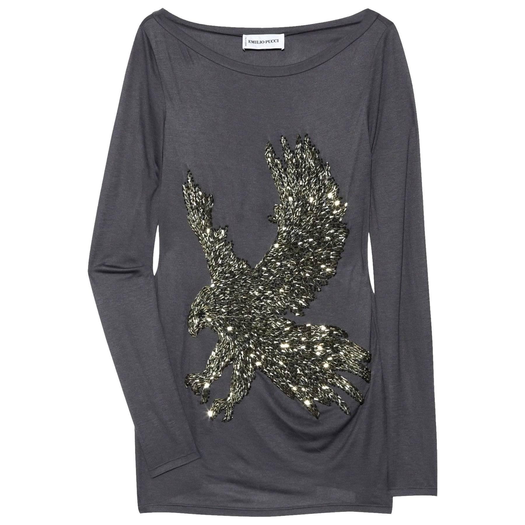 New EMILIO PUCCI Eagle Hand Embellished Beaded Gray Jersey Long Sleeve Top 38  4