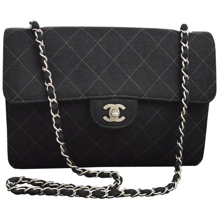 Chanel Black Fabric Cross Stitch Classic Silver Chain Evening Shoulder Flap Bag at 1stdibs