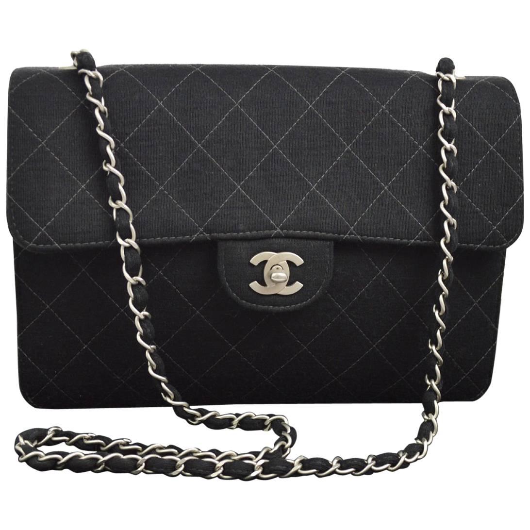 Chanel Black Fabric Cross Stitch Classic Silver Chain Evening Shoulder Flap Bag