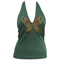 Very Sexy Valentino V Neck Halter Top Vibrant Green with Beaded Butterfly 11
