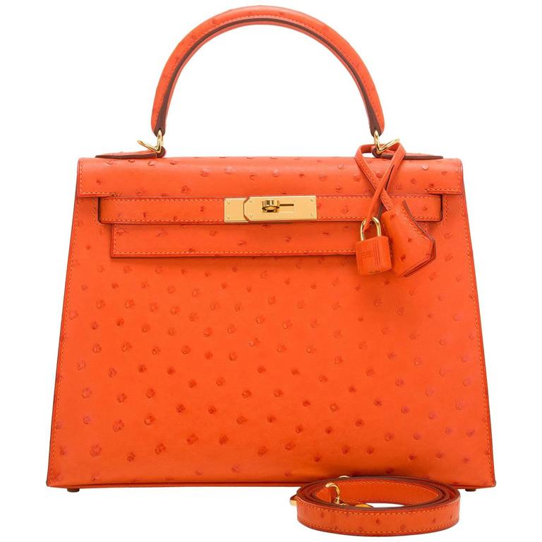 Hermes 28cm Gold Hardware Tangerine Ostrich Sellier Kelly Bag For Sale at  1stDibs