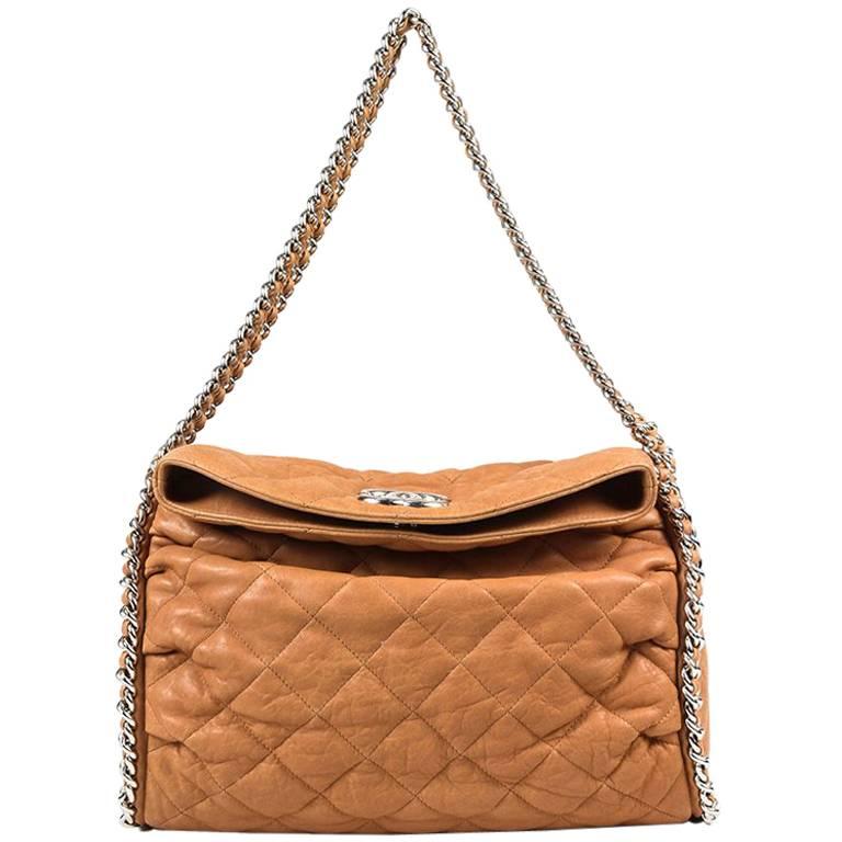 Chanel 11C Tan Soft Leather Quilted Fold Over Flap "Chain Around" Hobo Bag For Sale