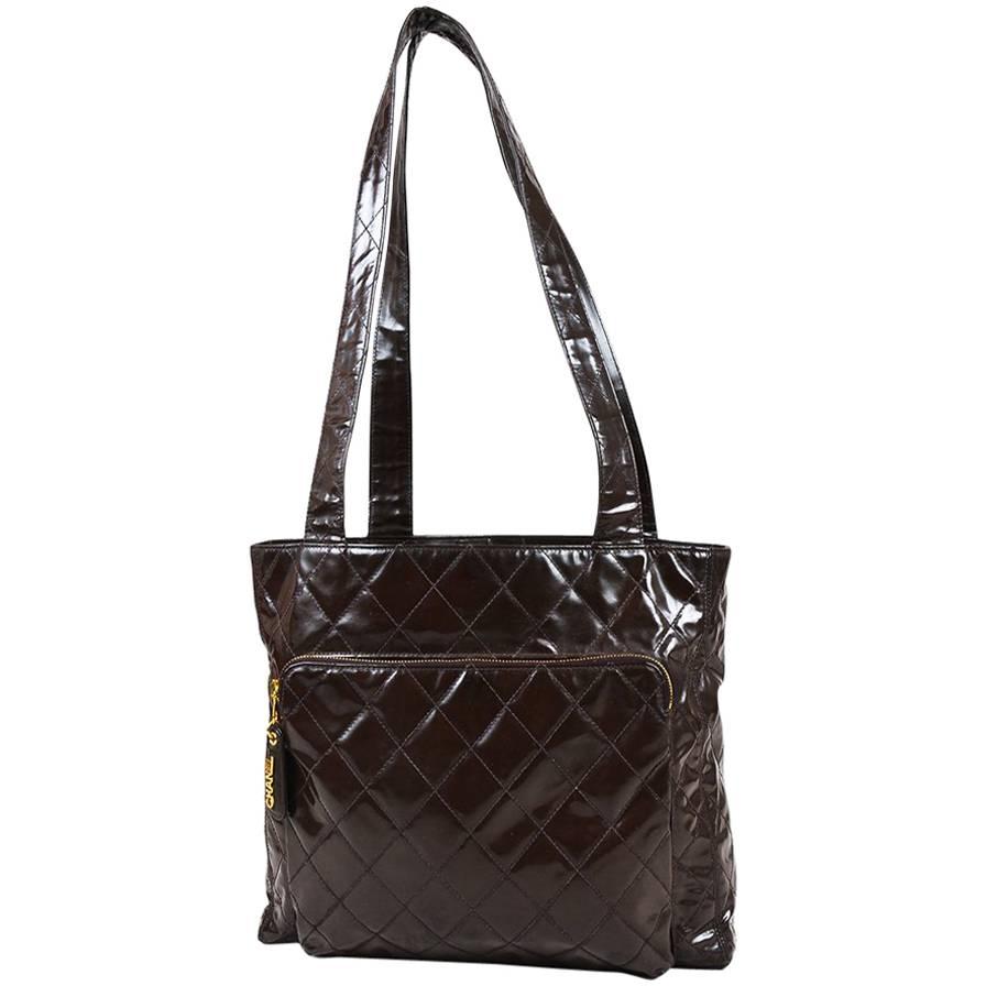 Vintage Chanel Brown Patent Leather Quilted Shopper Shoulder Tote Bag For Sale