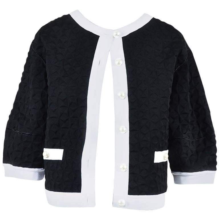 Chanel Black White Textured Faux Pearl Button Jacket SZ 44 For Sale